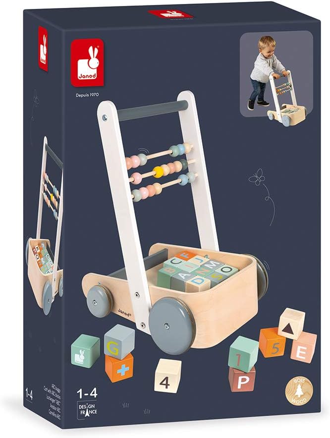 Janod Sweet Cocoon ABC Block Cart Push Toy with 20 ABC Blocks - Ages 1+ - J04408