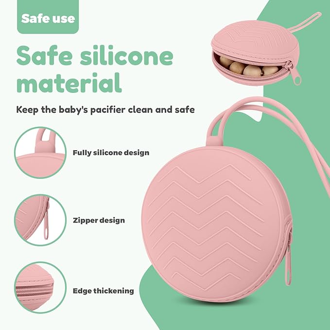 Silicone Pacifier Holder Case, Portable Leakproof Design Baby Pacifier Storage Case, Newborn Baby Silicone Pouch for Boys & Girls, Easy Clean (Pink)