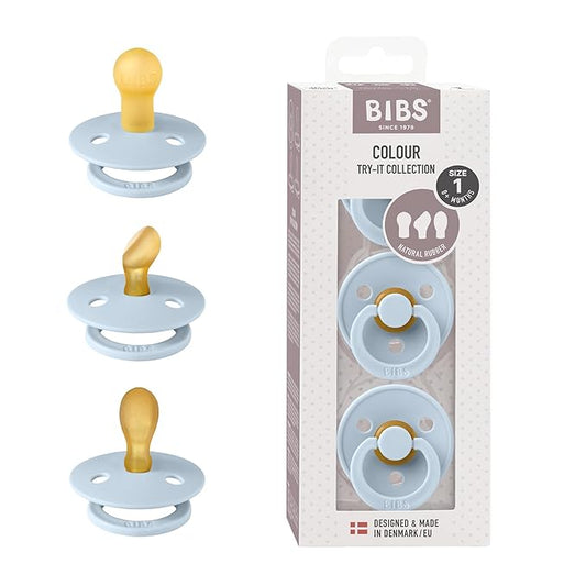 BIBS Pacifiers 0-6 Months | 3-Pack Soothers | BPA-Free Symmetrical Nipple | Made in Denmark | Ivory Try-It Collection (Baby Blue)
