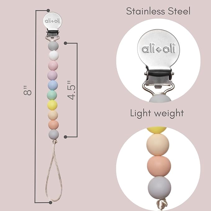 Ali+Oli Silicone Pacifier Clip for Baby (Thin Pastel) 100% Food-Grade BPA Free Newborn Pacifier Holder Infant Binky Clip for Baby Boy or Girl