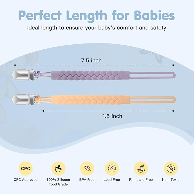 Silicone Pacifier Clips for Baby Boys and Girls, Woven Rope Flexible Design, Pacifier Holders for Teething Relief and Baby Essentials, Safe for Newborns (6 Pack)