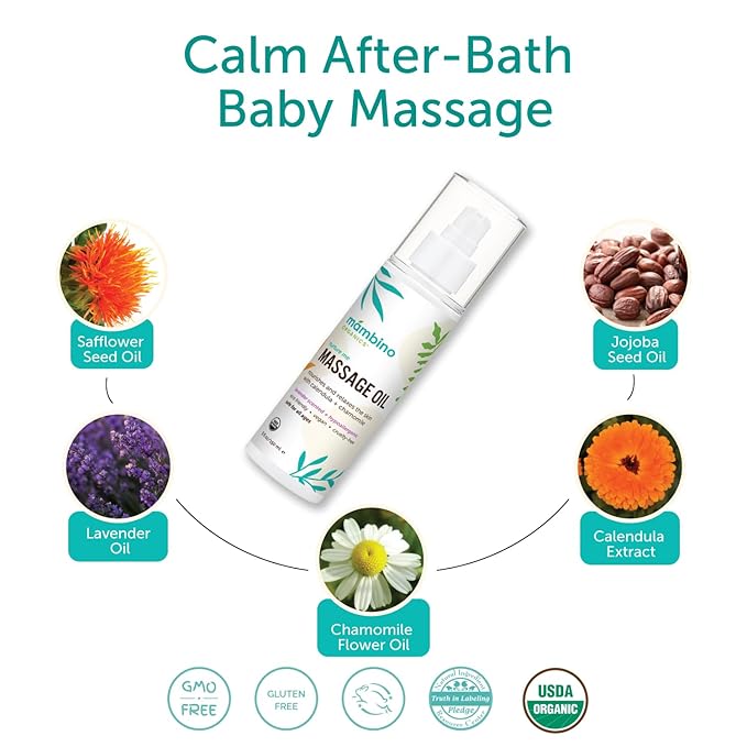 Mambino Organics Massage Baby Oil – Organic, Nourishing with Egyptian Calendula, Chamomile & Lavender – Gentle for After-Bath Relaxing – Cruelty-Free Baby Oils for Baby & Kids, 2-Pack 5 fl oz