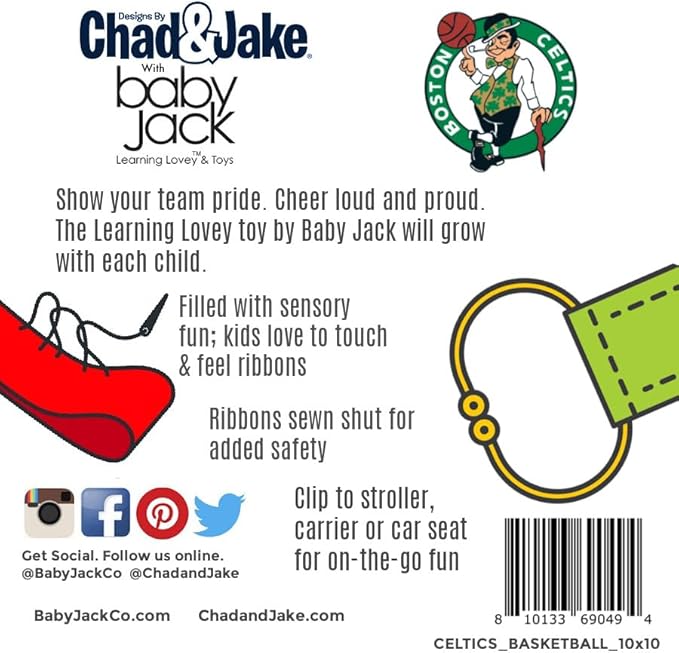 The Learning Lovey Boston Celtics Baby Tag Toy, NBA Basketball Sensory Crinkle Toys, Soft & Safe, Ideal Stroller, BPA-Free with Clip, 10" x 10"