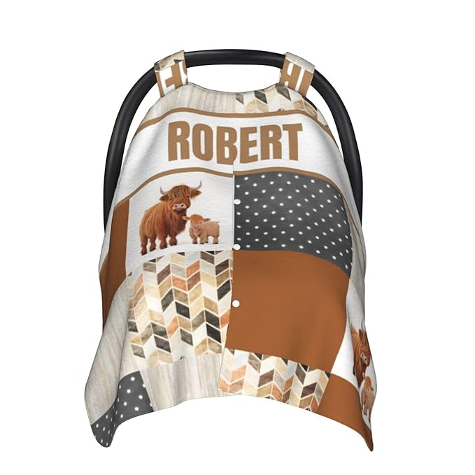 Personalized Baby Car Seat Canopy for Babies, Custom Name Car Seat Covers for Boys and Girls, Opening Minky Nursing Breastfeeding Cover for Infant, Carseat Canopies for Newborn (High Land Cow)