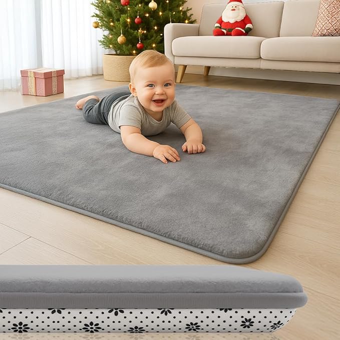 Thick Padded Baby Floor Play Mat 1.2" Cushioned Velvet Surface Non Slip Bottom High Density Foam Safe and Soft Floor Mat for Infants Toddlers and Playpen Use (Gray, 71X 59)
