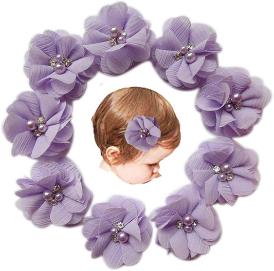 Baby Girls 2" Chiffon Flower Alligator Hair Clips with Rhinestones and Pearl,YYCRAFT Party Wedding Hair Bows Accessory for Kids Toddler Girls(Lavender,10pcs)