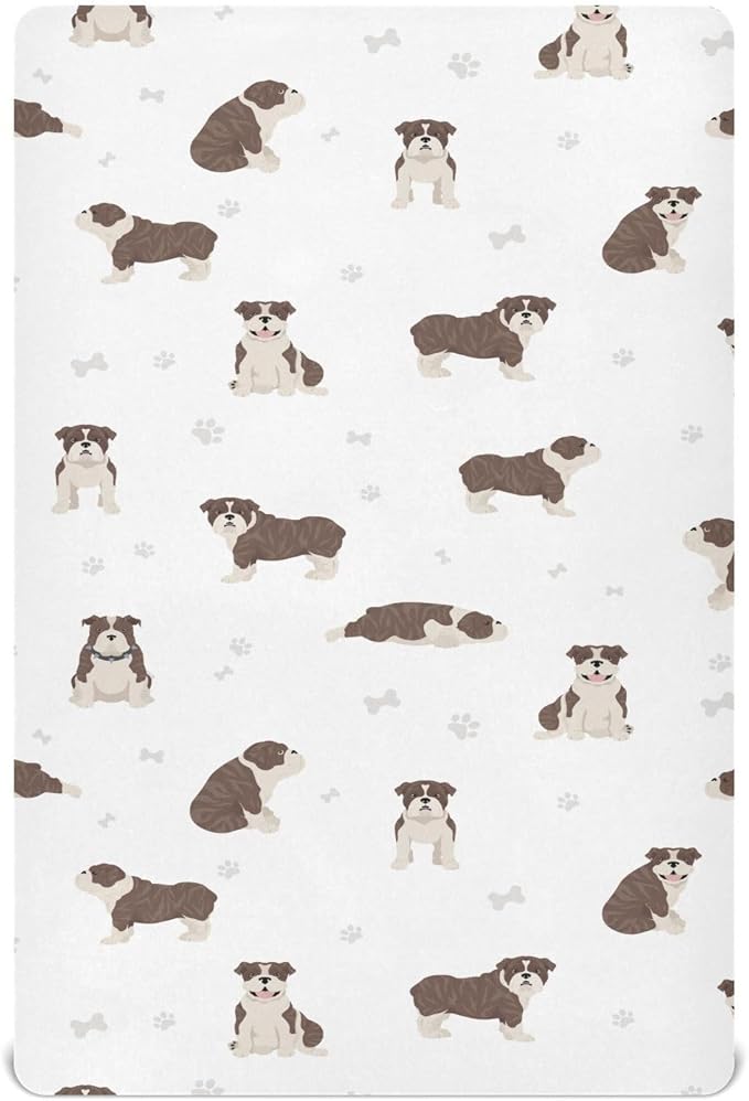 Fitted Crib Sheets English Bulldog Dogs Stretchy Portable Playard Sheets for Baby Toddler, Breathable Soft Mini Crib Mattress 39 x 27 in for Boys and Girls