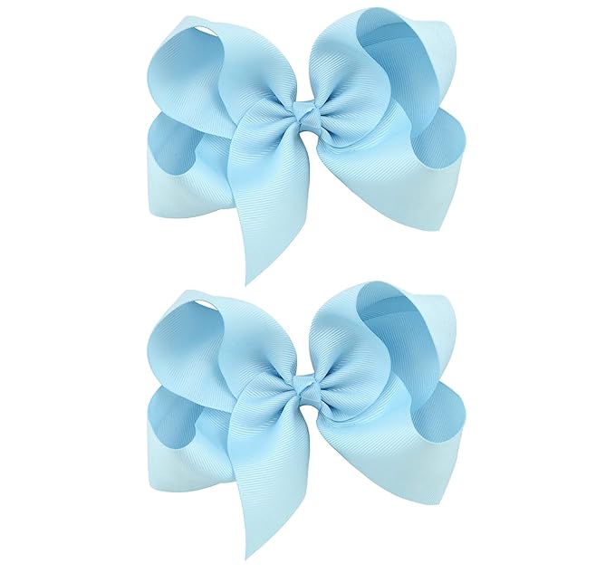 DEEKA 2 PCS 6" Big Hand-made Grosgrain Ribbon Solid Color Hair Bows Alligator Clips Hair Accessories for Little Teen Toddler Girls Kids Set of 2 -Light Blue