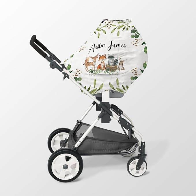 Personalized Baby Car Seat Cover Stroller Canopy: Custom Name Newborn Baby Boy Girl Elastic Animals Nursing Cover for Moms First Birthday Gift Woodland(one Size)