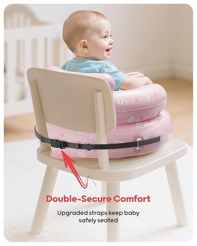 QPAU Inflatable Baby Seat with Safety Harness for Babies 3 Months & Up, Baby Floor Seats for Active Play, Blow Up Baby Chair with Built in Air Pump (Pink Rabbit)