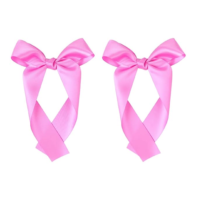2-Pack Long Satin Ribbon Hair Bows for Girls – Elegant Silk Hair Clips for Toddlers, Infants, Teens & Kids - Hot Pink