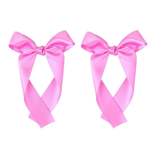 2-Pack Long Satin Ribbon Hair Bows for Girls – Elegant Silk Hair Clips for Toddlers, Infants, Teens & Kids - Hot Pink
