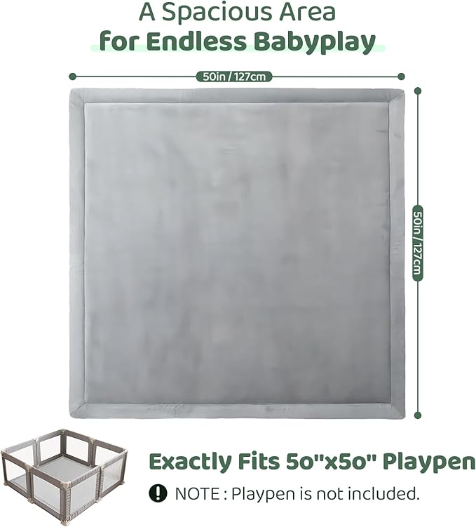 Baby Play Mat for Floor, 1.3 Inch Thick Memory Foam Tummy Time Mats with Non Slip Backing, Soft Coral Velvet 50×50 Inch Playpen Mat Crawling Tatami for Infants Toddlers Kids, Light Grey