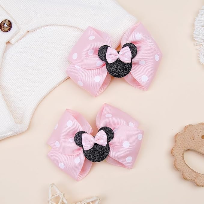 2 Pairs Pink Dot Mouse Ears Hair Clips & Mouse Hair Bows Barrettes for baby Girls Accessories Birthday Party Decorations Gift