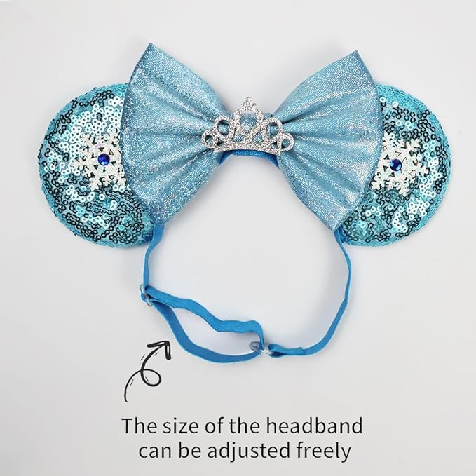 Adjustable Mouse Ears Headband with Crown, Ice Queen Elastic Hair Bow Hairband for Baby Girls Toddlers Teens