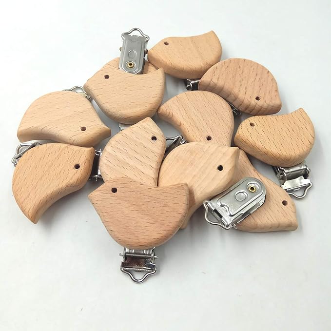 5pcs Natural Wood Suspender Pacifier Clips Cute Beech Wooden Animal Bird Shape Clips Charm DIY Beading Pacifier Chain Accessory