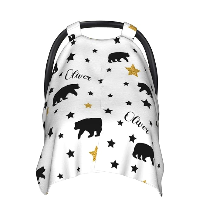 Personalized Black Bear Baby Infant Car Seats Canopy for Babies with Name, Custom Multi-use Blankets for Baby Boys Girls, Peekaboo Minky Nursing Breastfeeding Stroller Cover Canopies for Newborn