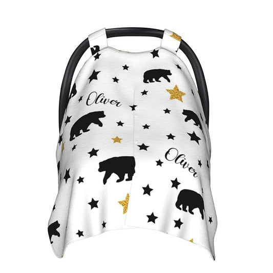 Personalized Black Bear Baby Infant Car Seats Canopy for Babies with Name, Custom Multi-use Blankets for Baby Boys Girls, Peekaboo Minky Nursing Breastfeeding Stroller Cover Canopies for Newborn