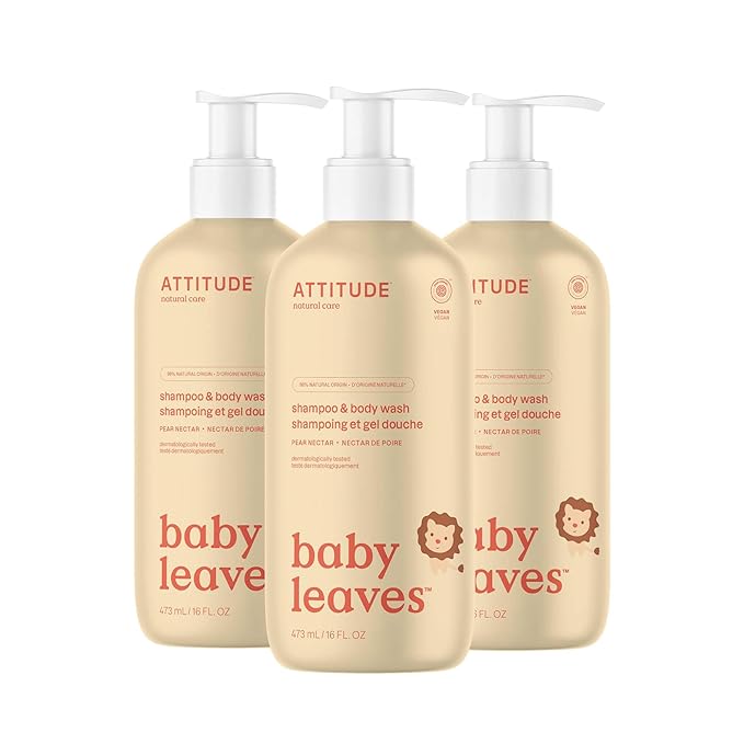ATTITUDE Baby 2-in-1 Shampoo and Body Wash, EWG Verified, Dermatologically Tested, Vegan, Pear Nectar, 16 Fl Oz (Pack of 3)