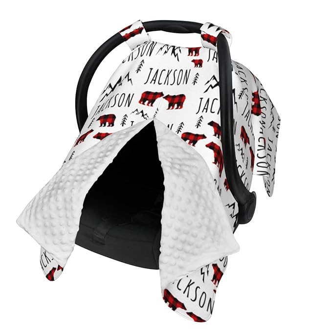 Personalized Plaid Design Bear Baby Car Seat Canopy for Babies with Name, Custom Multi-use Blankets for Baby Boys Girls, Peekaboo Minky Nursing Breastfeeding Stroller Cover Canopies for Newborn