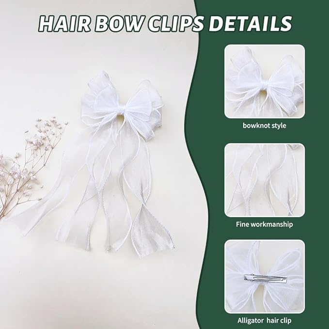 2Pcs White Ribbon Bow Hair Clips Flower Girl Long Layer Bow Barrette Alligator Clip Bridal Birthday First Communion Headwear Accessories for Baby Girls
