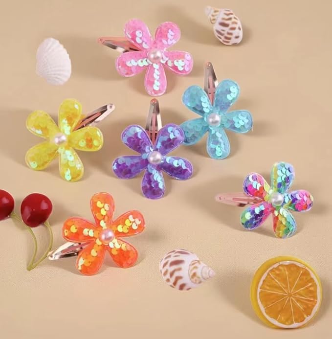 2Pcs Sequins Flower Hair Clips for Girls Cute Snap Hair Clips with Pearl Hair Barrettes Spring summer Hair Accessories Birthday Party Supplies (yellow)