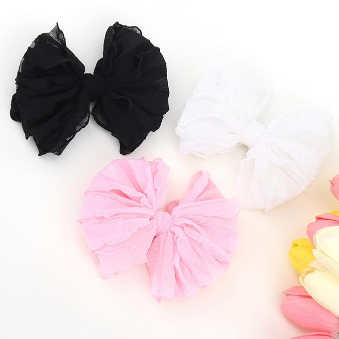 YanJie Nylon Elastic & Lace Hairband - Soft Baby Hair Bows Headbands for Girls Infants & Toddlers, 3 Pack - Black, White, Pink