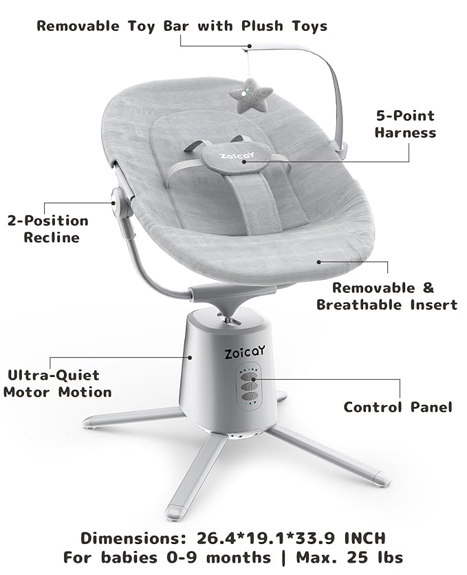 Zoicay Baby Swing,Baby Swings for Infants with 3 Modes & 5 Speeds, BT Enabled App & Remote Control, Electric Swing – 6 Lullabies and 3 Timer Setting, 2 Seat Positions and 5-Point Harness Swing (Gray)