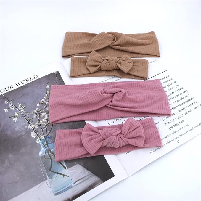 Sugarmelon Mommy and Me Headband Set Mother Baby Matching Turban Headbands for Toddler Baby Girls Women Scrunchies Hair Bow Hairbands (Mauve and Latte)