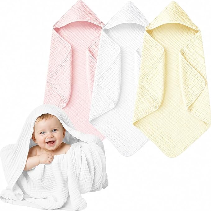 Momsnug Hooded Baby Towels, 3 Pack Muslin Cotton Baby Towel Set, Super Soft and Absorbent Bath Towel for Babies, Infant, Toddler and Kids, Newborn Essential (35 X 35 Inch) (White + Pink + Yellow)