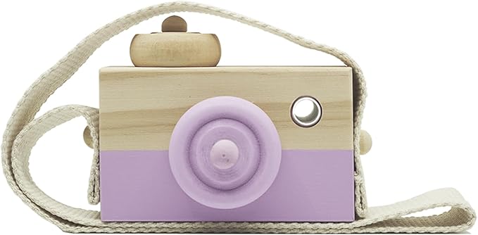 Baby Wooden Mini Camera Toy, Kid Cute Mini Sharpe Toy Neck Hanging Photographed Props for Toddlers Children Kids' Room Hanging Decor Gift (Purple)
