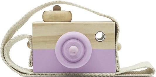 Baby Wooden Mini Camera Toy, Kid Cute Mini Sharpe Toy Neck Hanging Photographed Props for Toddlers Children Kids' Room Hanging Decor Gift (Purple)