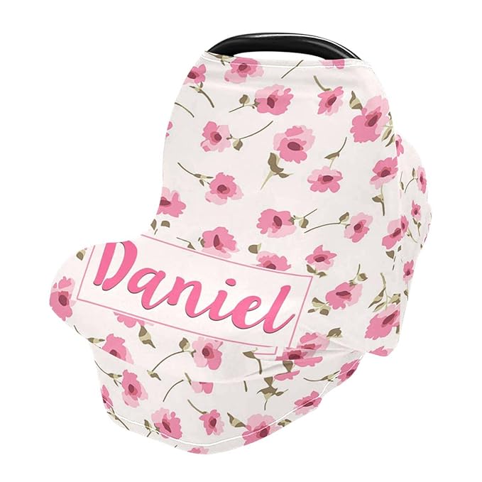 Personalized Baby Car Seat Cover for Babies, Custom Name Baby Car Seats Canopy for Girls, Nursing Breastfeeding Stroller Covers for Infant Newborn, Shower Gift for Baby (Flower Pink)