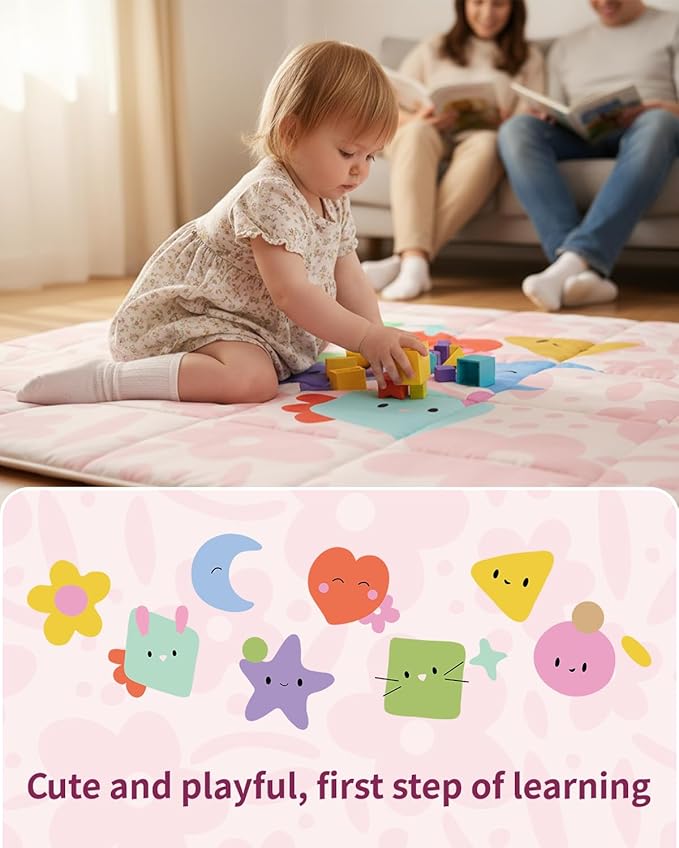 Baby Play Mat, Foldable Play Mats for Floor, 50x50 Inches Crawling Mat for Playpen with Anti-Slip Bottom, Machine Washable, Thicken Padding Foam Playmats for Babies and Toddlers (Pink Floral)