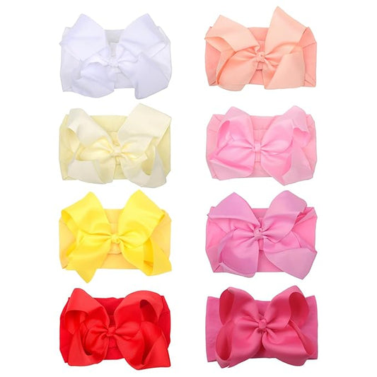 8 Pcs Baby Girls Headband Bows, Soft Nylon Hairbands Cute Big Bow Super Elastic Headband For Baby Girls Newborn Infant Toddlers (8 Pcs Bright Color, Large)