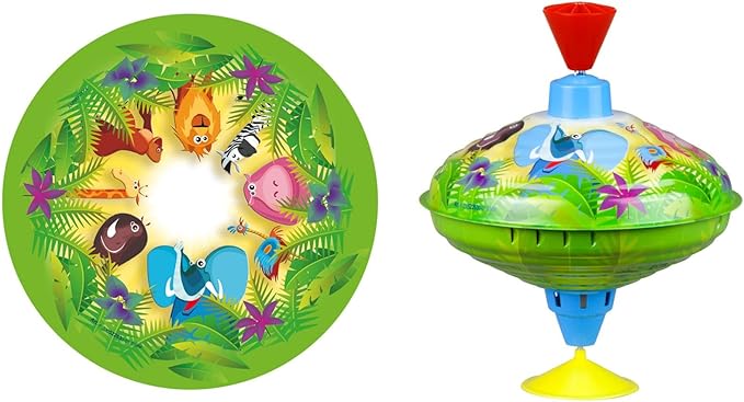 Lena 52263 tin Toys Humming Jungle Ø 16 cm, Spinning, Classical Pump Action, Metal Animal Motif, top with Stand, for Children from 18 Months