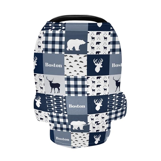 Personalized Baby Car Seat Cover for Boys Girls, Custom Nursing Covers for Breastfeeding with Name, Infant Stroller Cover, Baby Carseat Canopy for Newborn, Multiuse Car Seat Canopies, Woodland Deer