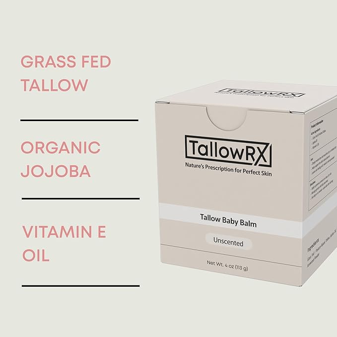 Tallow Baby Balm for Delicate Skin – All-Natural, Moisturizing & Soothing Cream with Grass-Fed Beef Tallow, Organic Jojoba & Organic Vitamin E – For Newborns, Infants & Toddlers (4oz, Unscented)