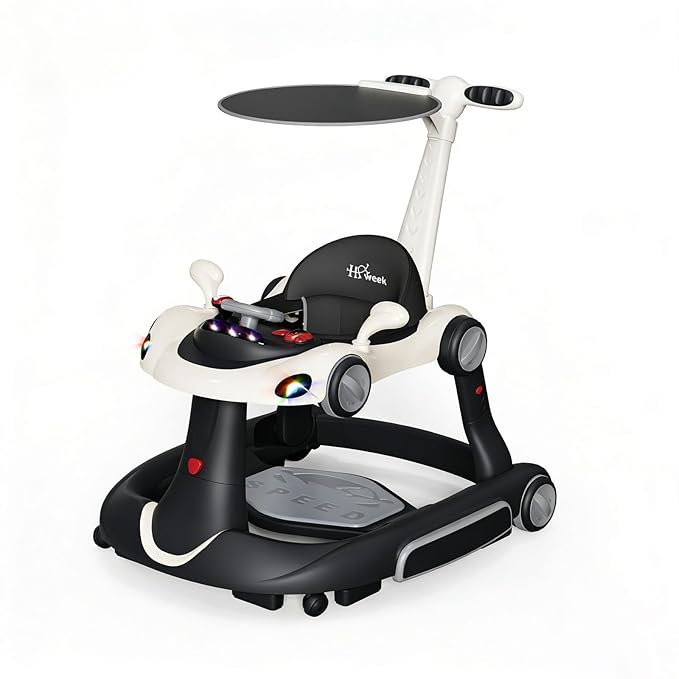 Baby Walker with Wheels, 7-in-1 Foldable Baby Walkers for Boys Girls 6-12 Months with Feeding Tray & Music, Lights,Rocker,Sun Canopy, Bouncing Pedal, Adjustable Wheel Speed, Push Walker (Black)