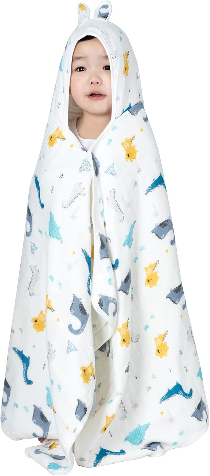 Muslin Hooded Towel Made from Organic Cotton 6-Layer Cotton Bath Towel, Soft Bath Towels 25x51inches for Toddler Baby and 0-4 Years Old Kids Dinosaur