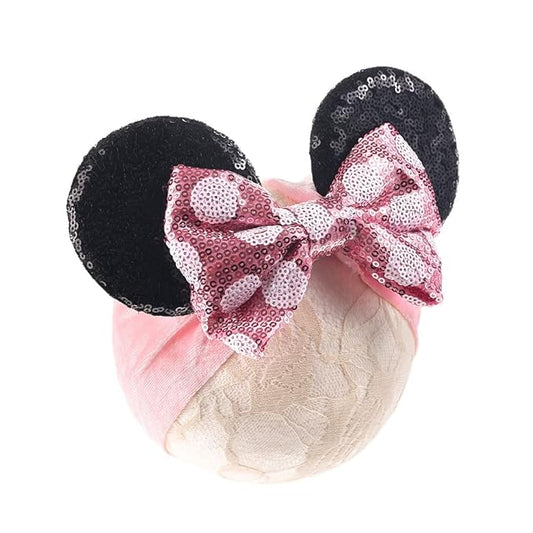 JIAHANG Baby Girl Mouse Ears Headwrap with Sequin Polka Dot Bow, Wide Velvet Turban Hairband, Hair Bow Headband for Toddler, Kids, Party Supplies (pink bow white dot HW)