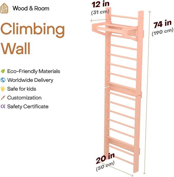 WOOD&ROOM Indoor Montessori Swedish Stall Bars Climbing Wall for Toddlers with Climber Ramp Wooden Swedish Ladder Stall Bars Climber for Kids Gymnastic Wall (no Slide)