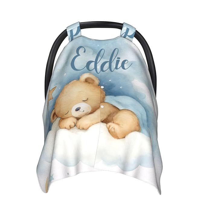 Custom Baby Car Seat Cover with Name – Personalized Sleeping Bear Nursing Cover, Infant Carseat Canopy, Shopping Cart Cover – Soft, Breathable & Warm – Ideal Shower Gift for Baby Boys