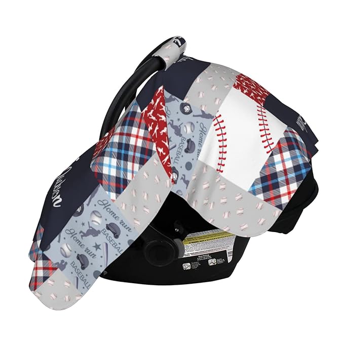 Personalized Baseball Baby Car Seat Canopy for Babies with Name, Custom Sports Car Seat Covers Boys Girls, Peekaboo Opening Minky Nursing Breastfeeding Cover Infant Car Seat Canopies for Newborn