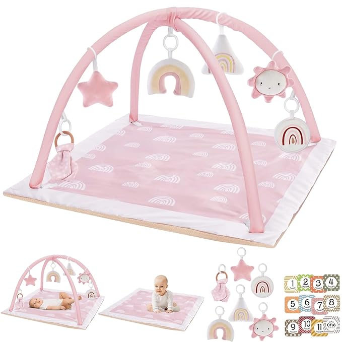 Washable Tummy Time Mat, Baby Play Gym with 6 Featured Toys, Baby Gym for Infant & Toddler, Larger Baby Play Mat, Deluxe Baby Play Mats for Floor, Sensory and Motor Skill Development, Non Slip, Pink