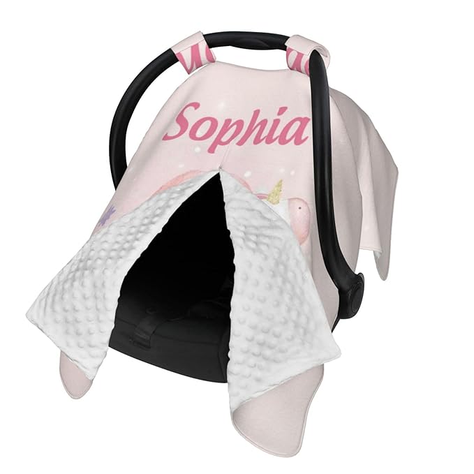 Custom Baby Car Seat Canopy with Name, Personalized Stroller Baby Car Seat Covers for Girls, Minky Nursing Carseat Cover for Breastfeeding, Car Seat Canopies for Infant Newborn(Unicorn Rainbow)