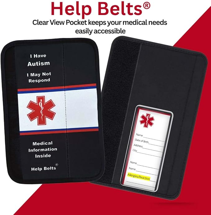 Autism/May Not Respond Medical Alert Seatbelt Cover – Available in Child and Adult Sizes with Emergency Information Pocket and Form by Help Belts in Black