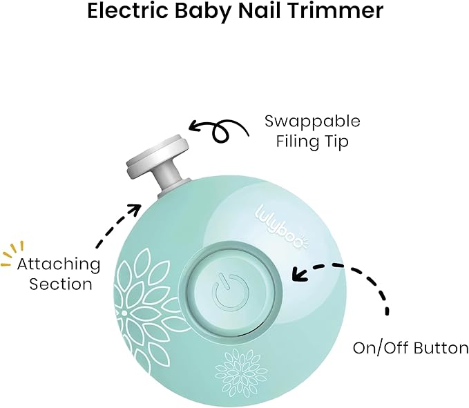 Lulyboo Electric Baby Nail Trimmer - Newborn & Toddler Safe Nail File with 6 Gentle Buffers, LED Light, Easy-Safe Design, Gentle & Noise-Free, Pediatric-Approved & Travel-Friendly Baby Grooming Tool