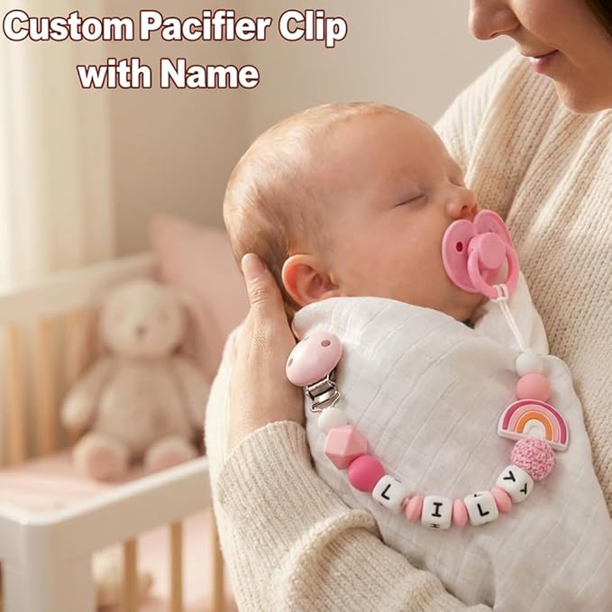 Personalized Pacifier Clip with Name, Custom Rainbow Silicone Binky Holder for Baby Girls & Boys