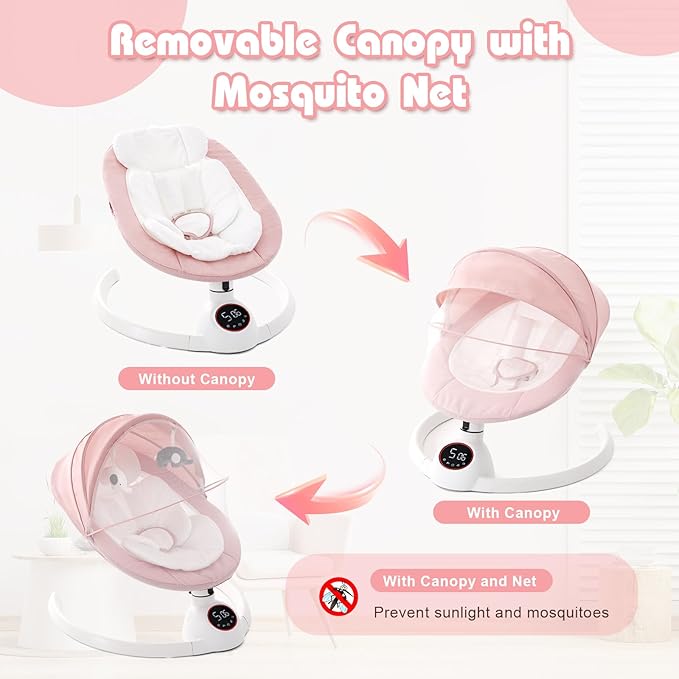 Soobaby Baby Swing for Infants,Electric swingfor Babies,Portable Swing for Baby Boy Girl,Remote Control Indoor Baby Rocker with 5 Sway Speeds,Music and Bluetooth,Hot Pink
